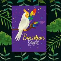 poster di carnevale brasiliano con pappagallo e foglie vettore