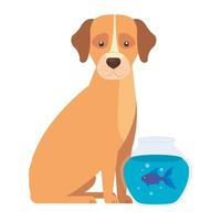 simpatico cane con ciotola di pesce rotonda in vetro icona isolata vettore
