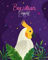 poster di carnevale brasiliano con pappagallo e foglie vettore