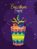 poster di carnevale brasiliano con tamburo e maschera carnevale vettore