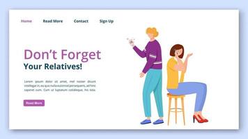non dimenticare il modello vettoriale della pagina di destinazione dei tuoi parenti. idea dell'interfaccia del sito Web di relazione di problemi con illustrazioni piatte. comunicazione con il layout della home page dei propri cari, concetto di fumetto della pagina web