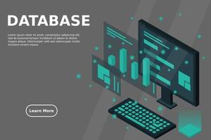 analisi dei dati nel disegno vettoriale isometrico. tecnico nel datacenter o sullo sfondo della stanza del data center. layout del sito web dell'infrastruttura mainframe di rete