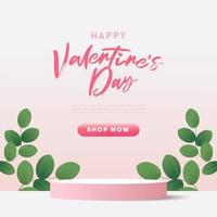 scena minima di san valentino su sfondo rosa pastello con podio cilindrico e foglie verdi naturali. vetrina mockup per prodotto, vendita, presentazione, vettore cosmetico.