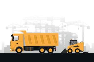 sfondo lavori di costruzione con macchinari pesanti di minipale e camion su sfondo grigio vettore