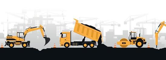 vista panoramica dei lavori di costruzione con macchinari pesanti gialli di escavatore a martelli, escavatore gommato, camion e cono di sicurezza vettore