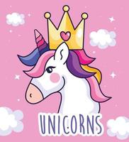 testa di unicorno carino con decorazione corona e nuvole vettore