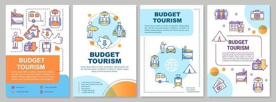 modello di brochure del turismo economico. stare in ostello. trasporto pubblico. volantino, opuscolo, stampa di volantini, design di copertina con icone lineari. layout vettoriali per riviste, relazioni annuali, manifesti pubblicitari