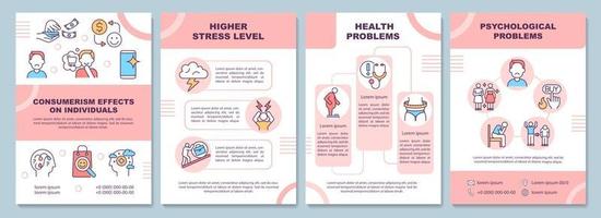 effetti del modello di brochure del consumismo. problemi psicologici. volantino, opuscolo, stampa di volantini, design di copertina con icone lineari. layout vettoriali per presentazioni, relazioni annuali, pagine pubblicitarie