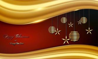 striscione natalizio di lusso con auguri di buon natale e felice anno nuovo scritti a mano in oro e palline di natale color oro. illustrazione vettoriale isolato su sfondo rosso