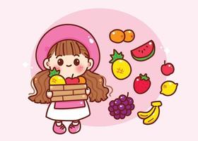 ragazza carina con cesto di frutta cibo biologico natura raccolta prodotto logo fumetto disegnato a mano fumetto illustrazione arte vettore