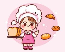 felice ragazza carina uniforme da chef che tiene il pane che cucina panetteria cibo logo cartone animato disegnato a mano illustrazione di arte del fumetto vettore