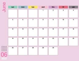 calendario mensile colorato giugno 2022 stampabile vettore