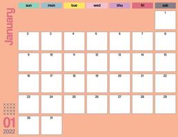 pianificatore di calendario mensile colorato gennaio 2022 stampabile vettore
