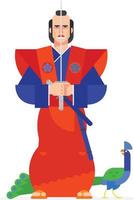 samurai, dipinto in stile cartone animato piatto. illustrazione di un guerriero giapponese e un personaggio di pavone. l'immagine è isolata su sfondo bianco. design del personaggio. immagine per carta da parati, stampa e sito. vettore