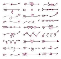 set di frecce carino doodle per il giorno di san valentino isolato su sfondo bianco. illustrazione disegnata a mano di vettore. perfetto per disegni di vacanza, biglietti, inviti, decorazioni. collezione di clipart romantica. vettore