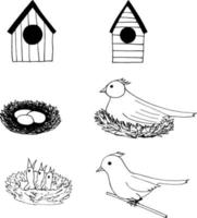 uccello e pulcini nel nido, icona set birdhouse, adesivo. schizzo disegnato a mano in stile scarabocchio. minimalismo, monocromo. primavera, covata vettore