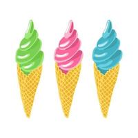 et di gelato soft in coni di cialda. colori verde, rosa, blu. illustrazione disegnata a mano isolata su sfondo bianco vettore