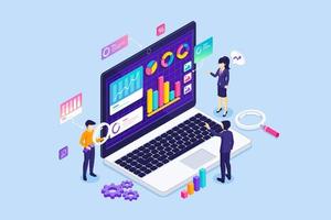 il team aziendale sta monitorando grafici e diagrammi su un grande laptop. analisi dati aziendali e statistici, consulenze, relazioni finanziarie e investimenti. illustrazione vettoriale isometrica