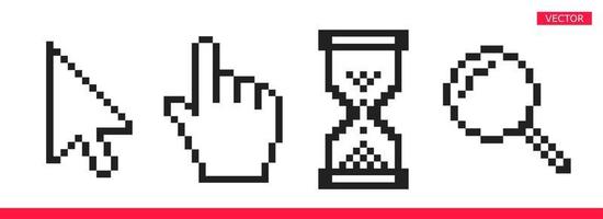 freccia in bianco e nero, mano, lente d'ingrandimento e icone del cursore del mouse pixel a clessidra set di illustrazioni vettoriali