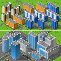 Composizione di isometrica di edifici di città 2 bandiere vettore