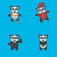 set di simpatici personaggi di panda con varie pose. calcio, natale, capo e porta una tazza di tè. vettore