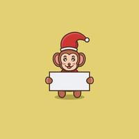 simpatica scimmietta porta carta bianca, costume da babbo natale. personaggio, mascotte, logo, cartone animato, icona e design carino. vettore