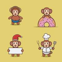 set di simpatico personaggio scimmia bambino con varie pose. indossando il casco, sulle ciambelle, natale e chef. vettore