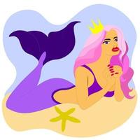 simpatica sirena è sdraiata sulla sabbia, sul fondo del mare, con i capelli rosa e la corona d'oro, giace una stella marina. sirena con capelli rosa e coda viola. creatura magica.illustrazioni vettore