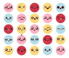 set di vettori di caratteri kawaii emoji. emoticon simpatico cartone animato emoji con facce colorate ed espressione di felice, triste e arrabbiato per il design della collezione chibis emoticon kawaii. illustrazione vettoriale.