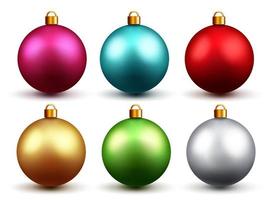 insieme di vettore della decorazione delle palle di natale. Palla di natale realistica 3d in design lucido e colorato isolato in uno sfondo bianco per la collezione di decorazioni natalizie. illustrazione vettoriale.