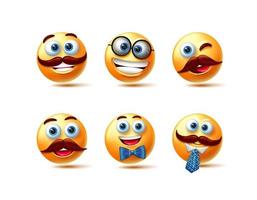 set di vettori di personaggi maschili di emoticon. emoji 3d uomo con espressioni facciali felici che indossano elementi come nastro e cravatta per il design della collezione di personaggi di emoticon. illustrazione vettoriale