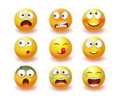 insieme di vettore di emoticon emoji. emoji icona gialla in 3d con espressioni facciali arrabbiate, ridenti e piangenti isolate in uno sfondo bianco per il design della collezione di personaggi di emoticon. illustrazione vettoriale