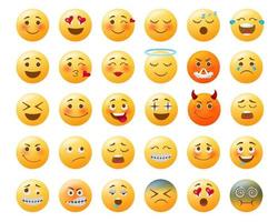 insieme di vettore di emoticon emoji. emoji giallo con espressioni facciali ed emozioni felici, innamorate, tristi e arrabbiate per il design della collezione di icone. illustrazione vettoriale