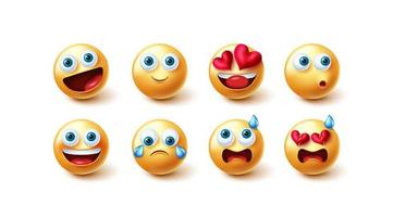 set di vettori di caratteri emoji. collezione di facce carine di personaggi emoji in icona gialla isolata in uno sfondo bianco per il design di espressioni grafiche del viso di emoticon. illustrazione vettoriale.