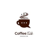 logo premium del chicco di caffè, tazza di caffè marrone con illustrazione del logo dell'icona della chat a bolle vettore