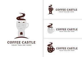 set di icone del logo del caffè del castello medievale del caffè unico, torre del castello di pietra come concetto del logo della tazza da caffè vettore