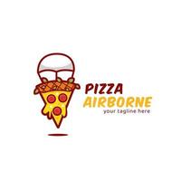 pizza logo airborne illustrazione, fetta di pizza paracadutismo icona logo per pizzeria business vettore