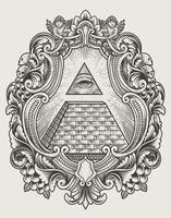 illustrazione piramide illuminati con stile incisione