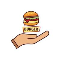deliziosa icona piatta di hamburger, iscrizione scritta e icona della mano. modello di disegno vettoriale