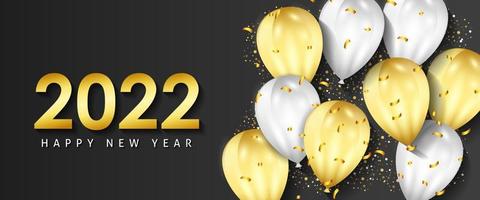 felice anno nuovo 2022 biglietto di auguri con realistici palloncini dorati e bianchi celebrazione sfondo design per biglietto di auguri, poster, banner. illustrazione vettoriale. vettore