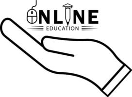 simbolo dell'istruzione online, icona della mano, icona della matita e scrittura. grafica dell'icona del logo dell'istruzione vettore