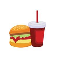 icona piatta di deliziosi hamburger e bevande fast food. modello di disegno vettoriale