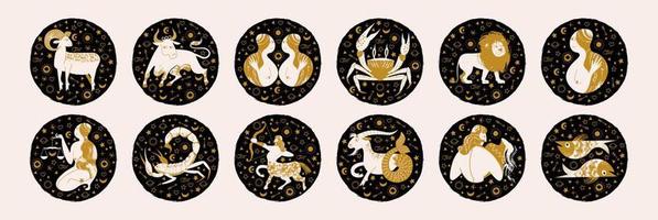 segno zodiacale. emblemi di vettore in un cerchio nero. segni zodiacali ariete, toro, gemelli, cancro, leone, vergine, bilancia, scorpione, sagittario, capricorno, acquario, pesci.