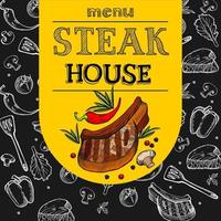 steak house. illustrazione vettoriale. il design del menu. bistecca disegnata con il gesso su una lavagna nera. illustrazione vettoriale disegnato a mano.