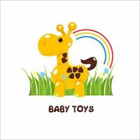 giocattoli per bambini. segno vettoriale, il logo del negozio di giocattoli. giocattolo giraffa sull'erba. vettore