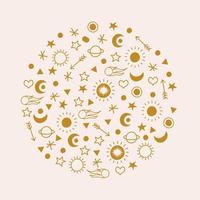 stelle dorate, pianeti, comete, il sole su uno sfondo chiaro. icona rotonda. illustrazione vettoriale in uno stile piatto.