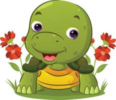 la piccola tartaruga sta strisciando e fa una faccia felice in giardino vettore