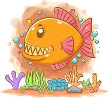 bellissimo piranha arancione nuotare in profondità nel mare vettore