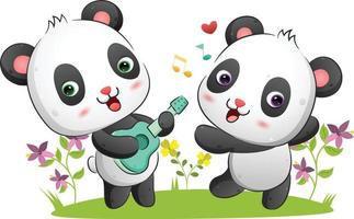 la coppia di panda suona la chitarra e balla con la musica nel parco vettore