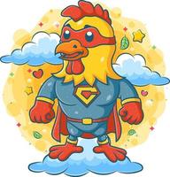un gallo che indossa un costume da supereroe e sta in piedi su una nuvola vettore